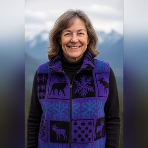 SILVER THREADS VTG 90'sPurple Black Wildlife Casual Cozy Fleece Vest (#1,534)(C)